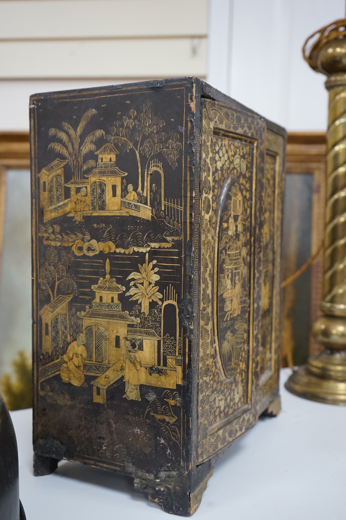 A mid 19th century Chinese export gilt-decorated lacquer two door cabinet, with five drawers, 38cm